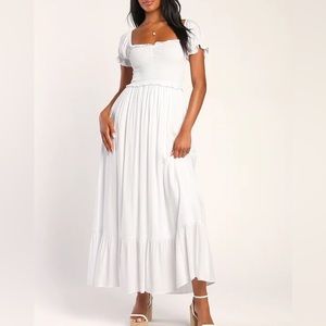 Lulu’s White Smocked Puff Sleeve Maxi Dress